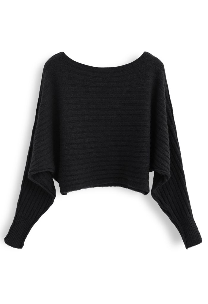 Suéter de punto corto con cuello barco difuso en negro