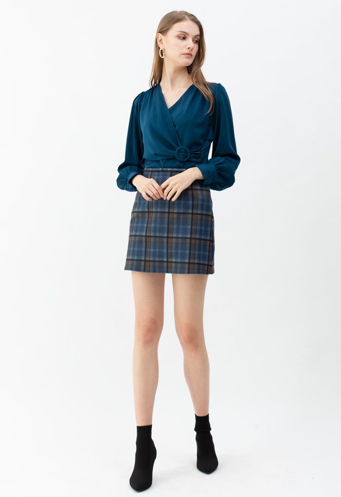 Minifalda de mezcla de lana con estampado de cuadros en azul