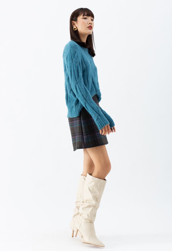 Minifalda de mezcla de lana con estampado de cuadros en ciruela
