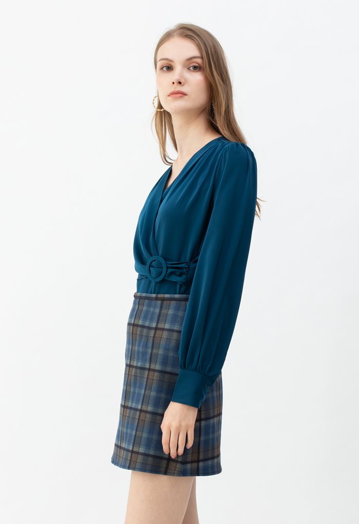 Minifalda de mezcla de lana con estampado de cuadros en azul