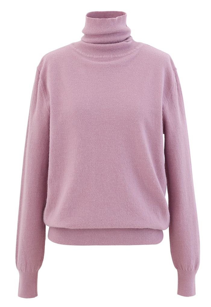 Suéter de punto acanalado de tacto suave con cuello alto en lila
