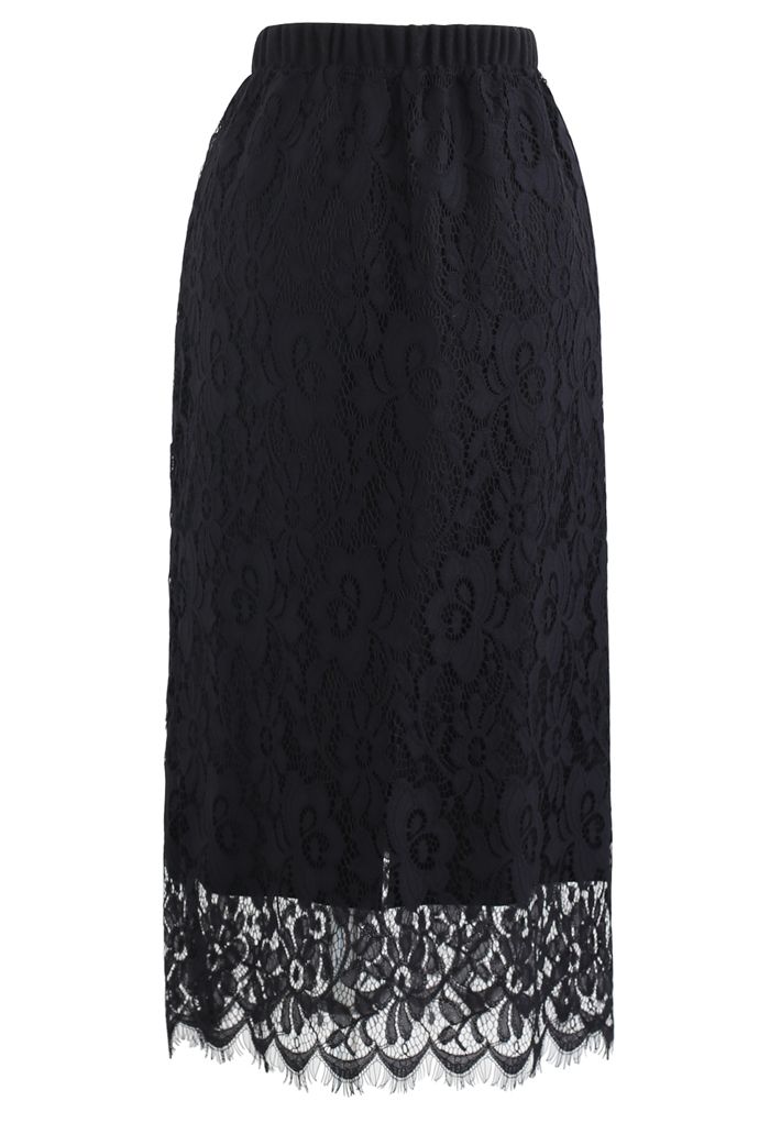 Falda midi de encaje de punto suave reversible en negro