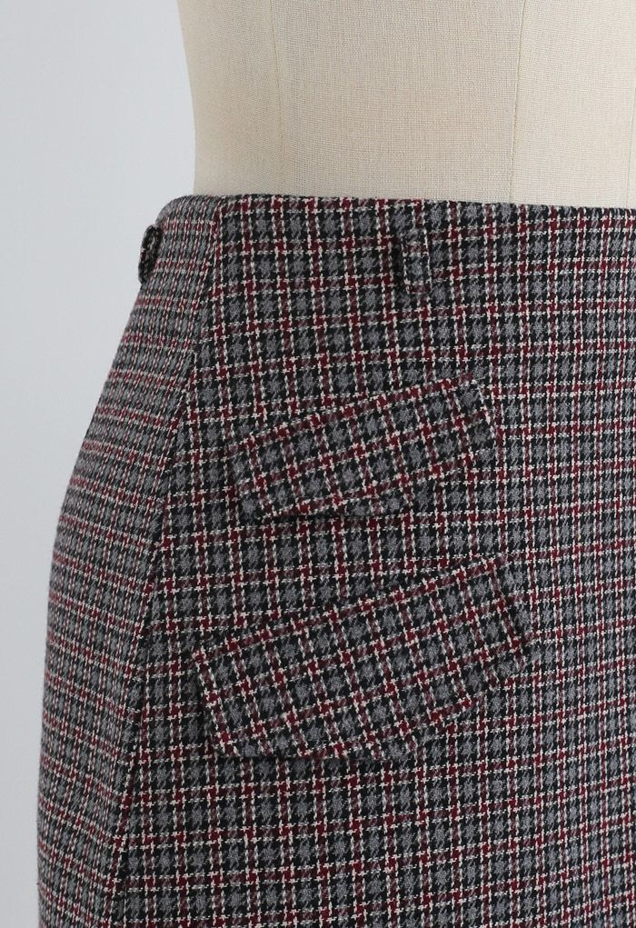Minifalda de mezcla de lana a cuadros de pata de gallo con bolsillo con solapa