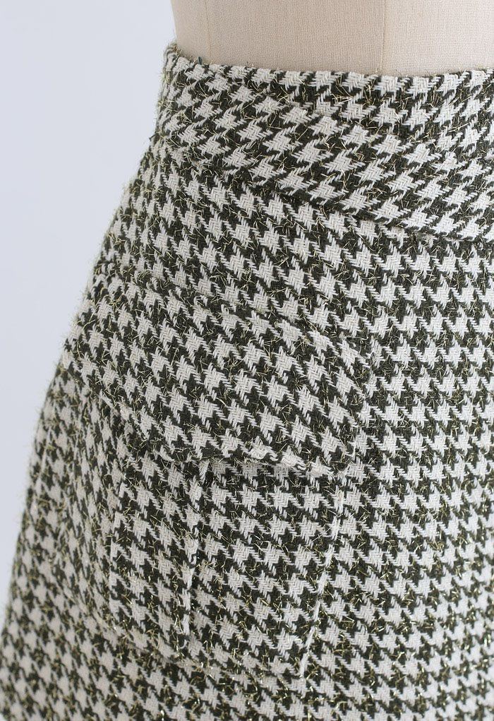 Minifalda asimétrica de tweed de pata de gallo en verde
