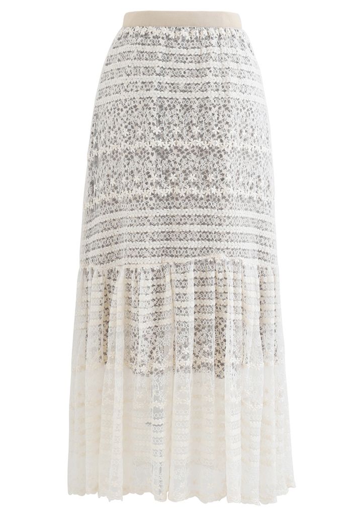 Falda larga superpuesta de encaje bordado Floret en color crema