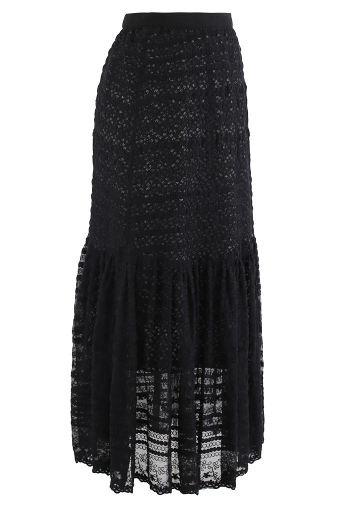 Falda larga superpuesta de encaje bordado Floret en negro