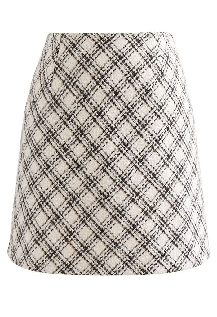 Minifalda de tweed con estampado de cuadros escoceses en marfil