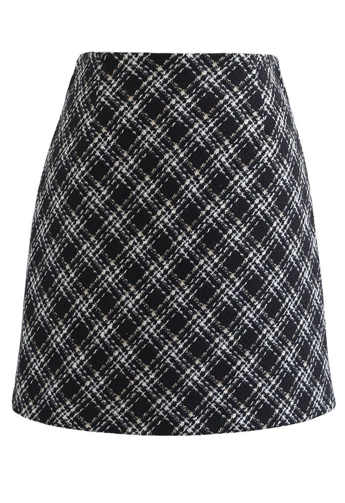 Minifalda de tweed con estampado de cuadros en negro