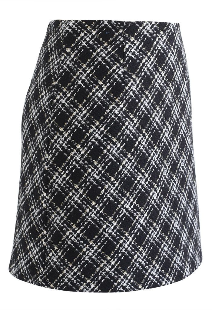 Minifalda de tweed con estampado de cuadros en negro