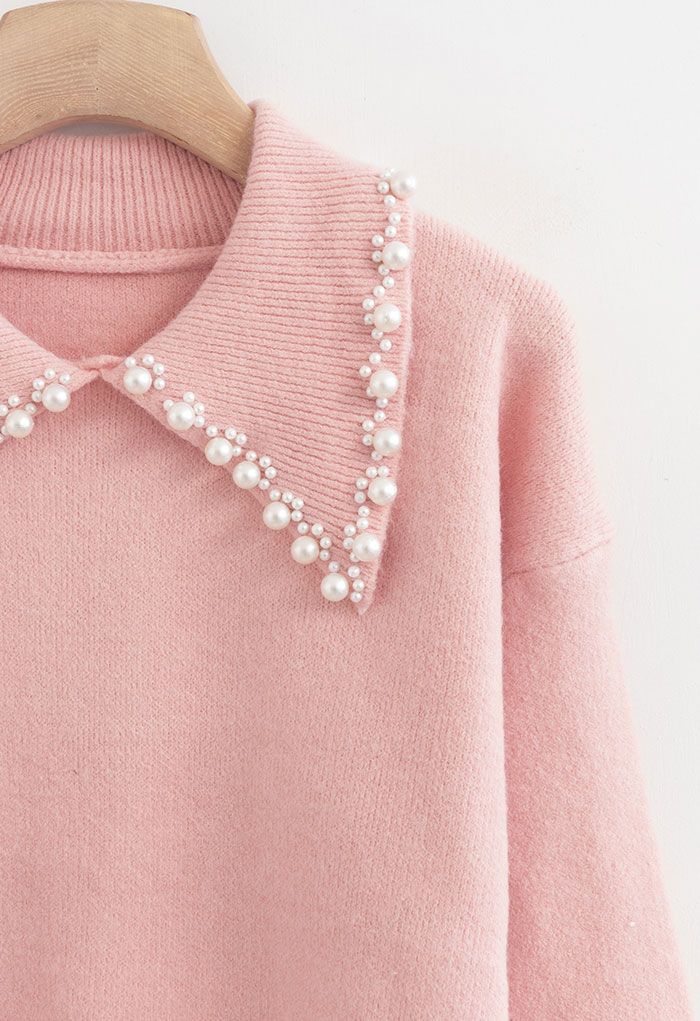 Jersey rosa de punto suave al tacto con cuello con adornos de perlas