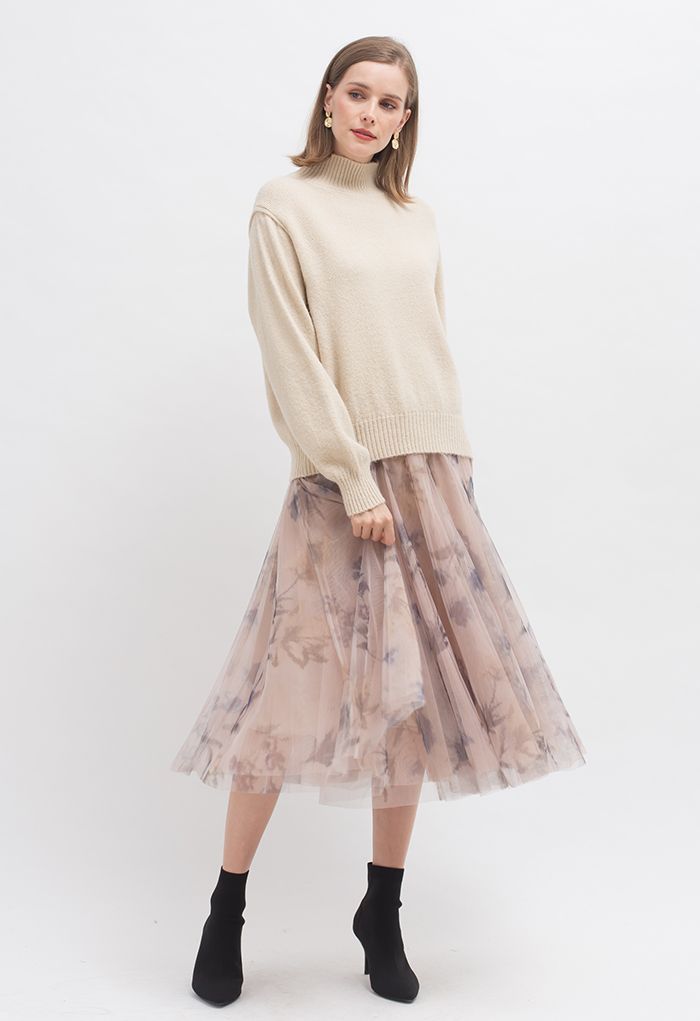 Falda midi de tul de malla de doble capa con estampado floral de tinta