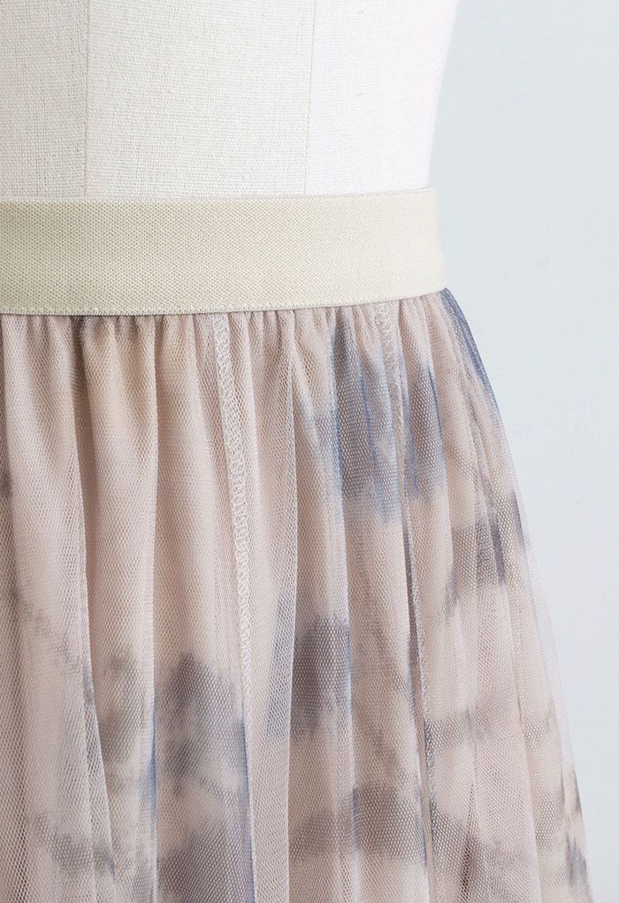Falda midi de tul de malla de doble capa con estampado floral de tinta