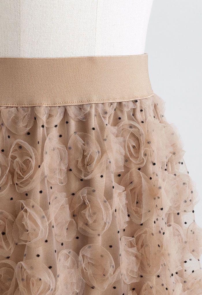 Falda midi de tul de malla Rosa 3D en caramelo