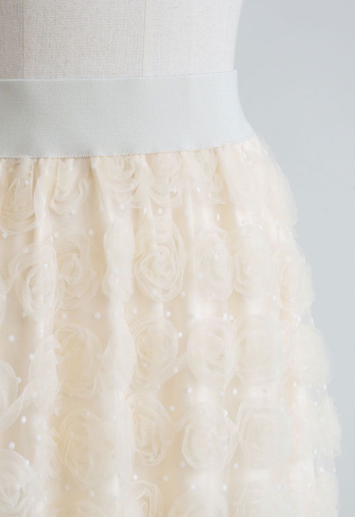 Falda midi de tul de malla Rosa 3D en crema