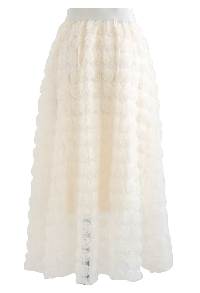 Falda midi de tul de malla Rosa 3D en crema