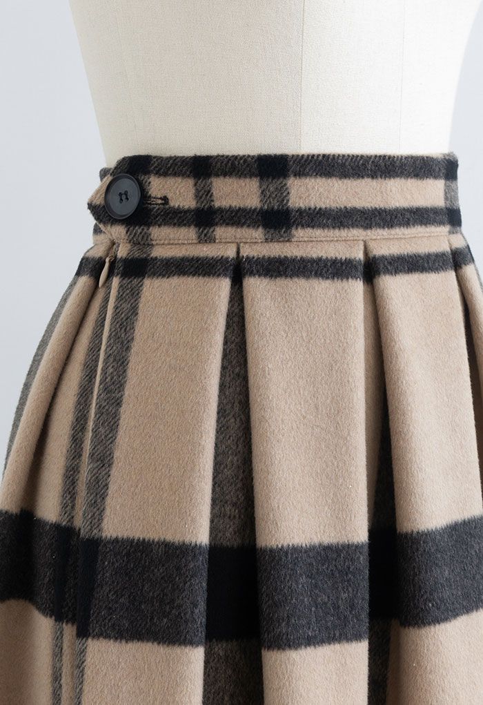 Falda midi plisada de mezcla de lana con estampado de cuadrícula