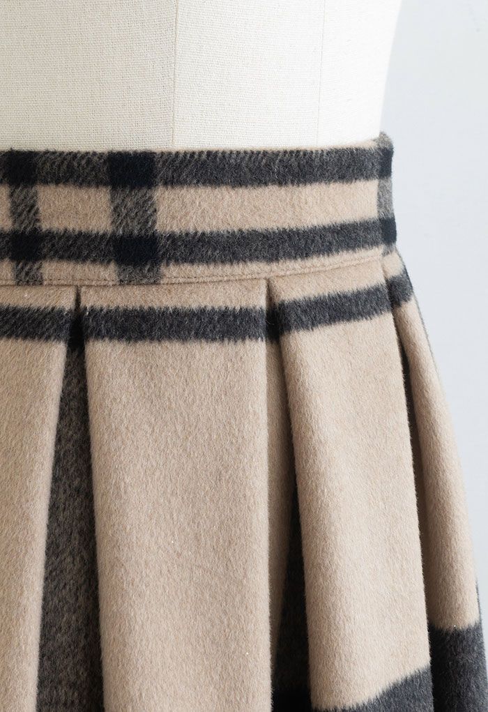 Falda midi plisada de mezcla de lana con estampado de cuadrícula