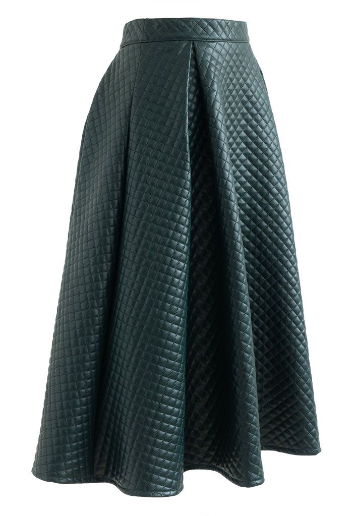 Falda midi de piel sintética acolchada clásica en verde oscuro