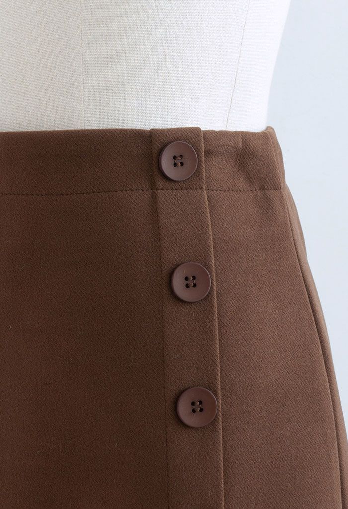 Minifalda Bud de Mezcla de Lana Decorada con Botones en Caramelo
