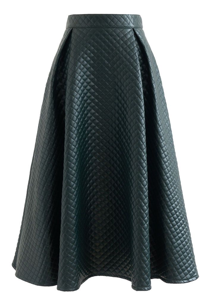 Falda midi de piel sintética acolchada clásica en verde oscuro
