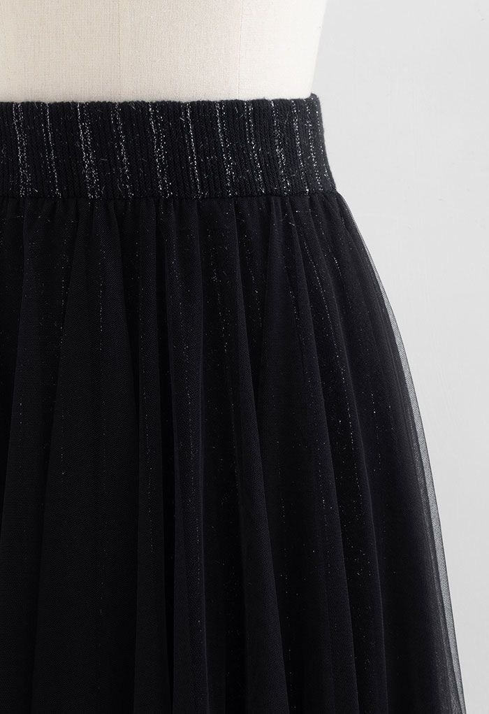 Falda reversible de tul de malla de línea brillante en negro