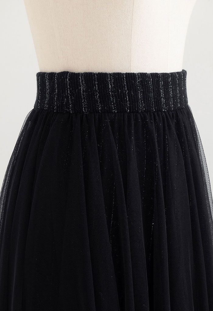 Falda reversible de tul de malla de línea brillante en negro