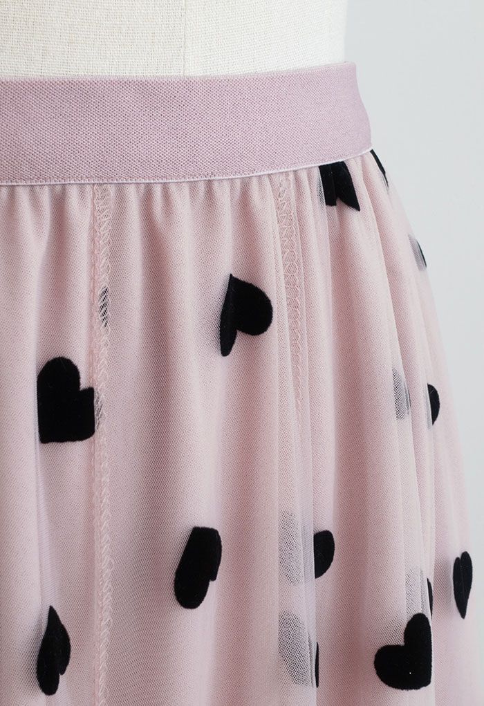 Falda larga de malla de doble capa con corazones 3D en rosa rubor