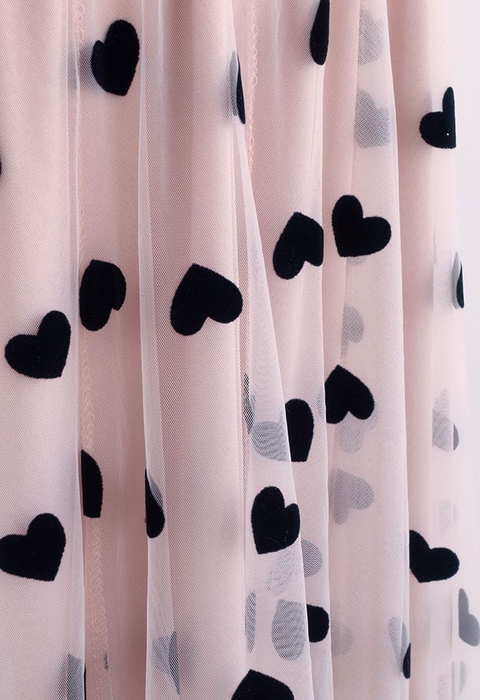 Falda larga de malla de doble capa con corazones 3D en rosa rubor