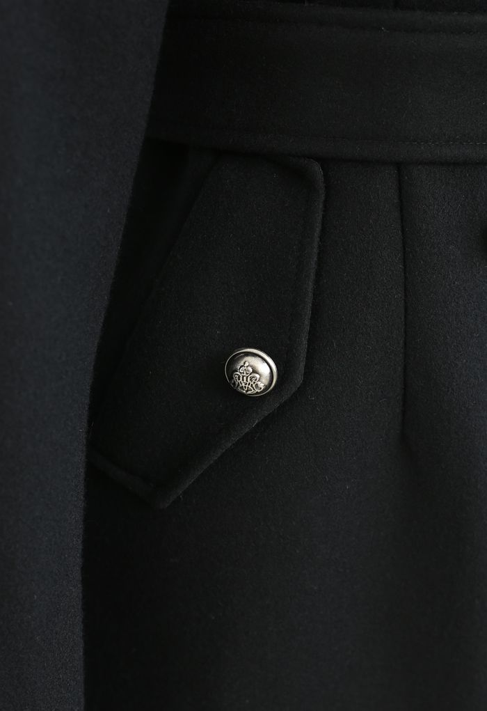 Abrigo largo negro de mezcla de lana con doble botonadura