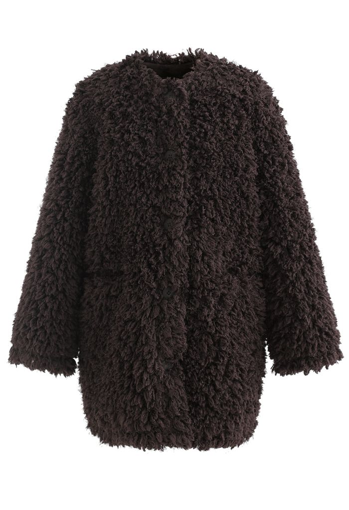 Abrigo de gamuza de piel sintética peluda sin cuello en marrón