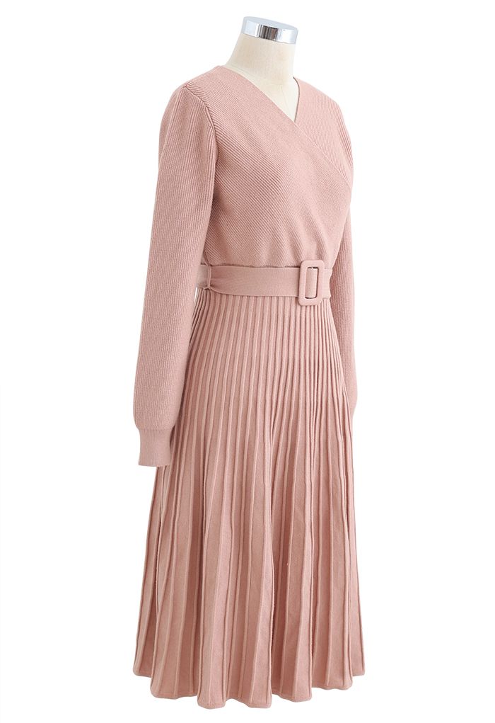 Belted Wrap Rib Knit Midi Dress in Coral