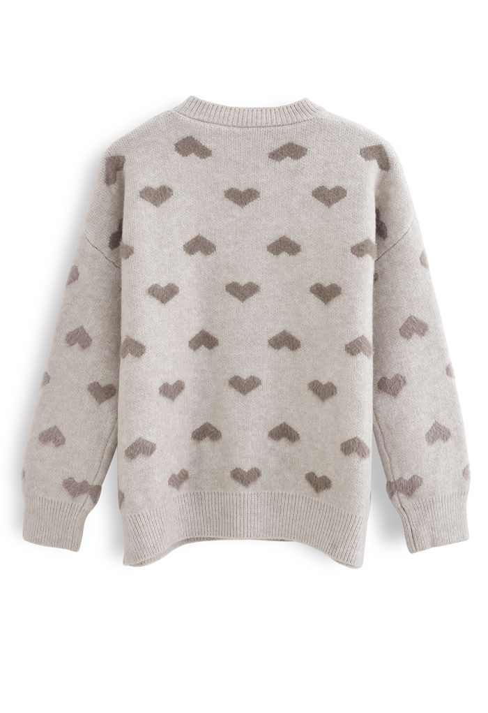 Suéter de punto con corazones borrosos en color de contraste en gris topo