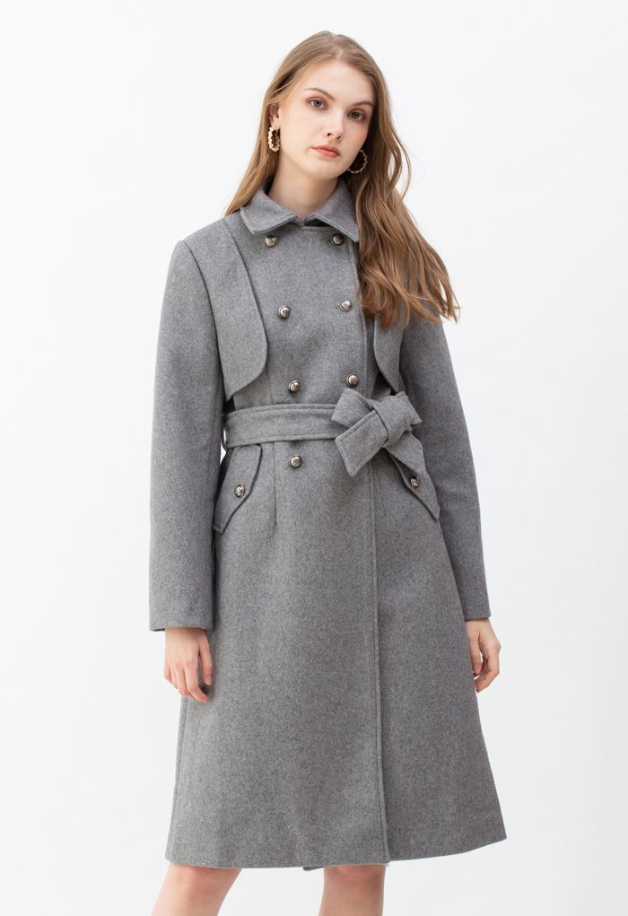 Abrigo largo gris de mezcla de lana con doble botonadura