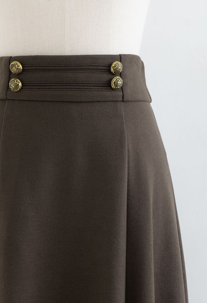 Falda de vuelo de mezcla de lana con cintura abotonada en marrón