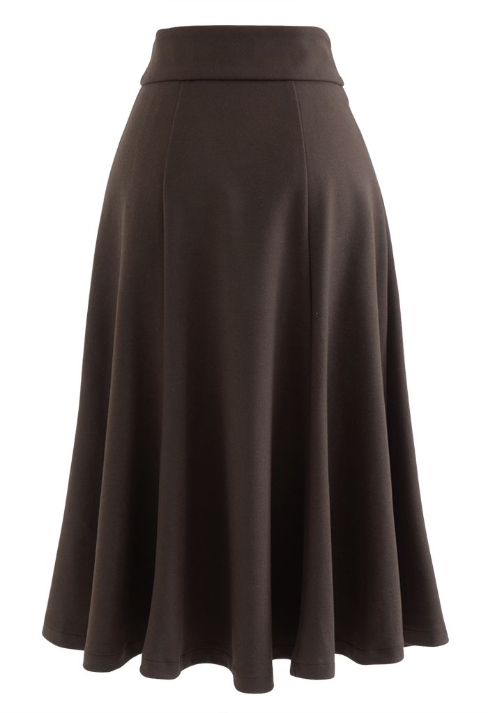 Falda de vuelo de mezcla de lana con cintura abotonada en marrón
