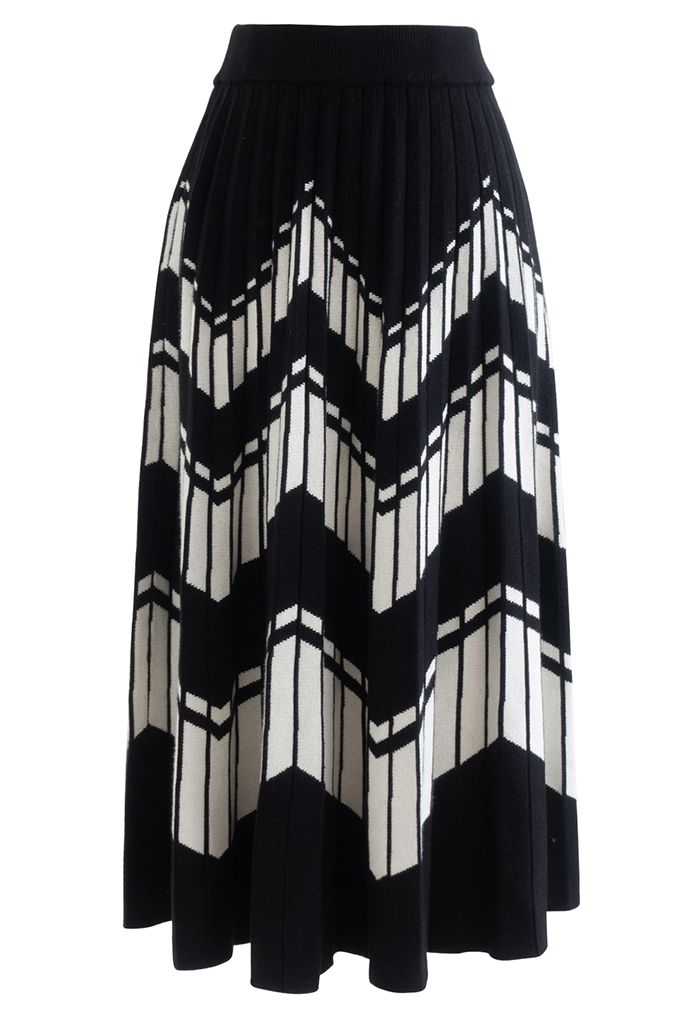 Falda de punto plisada en zigzag en contraste en negro