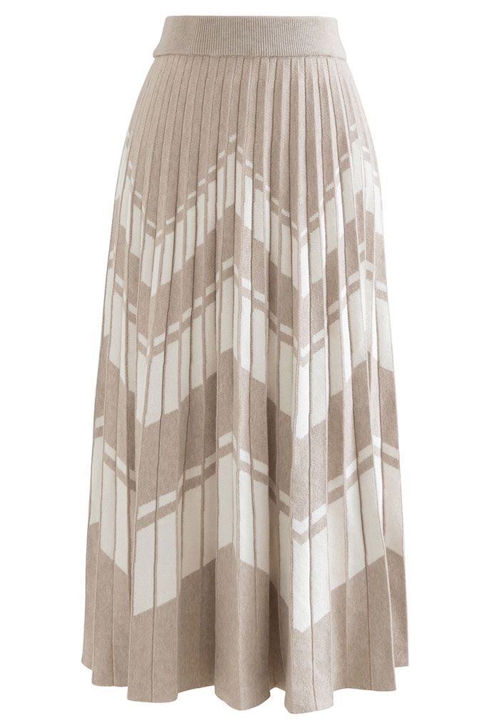 Falda de punto plisada en zigzag en contraste en color arena