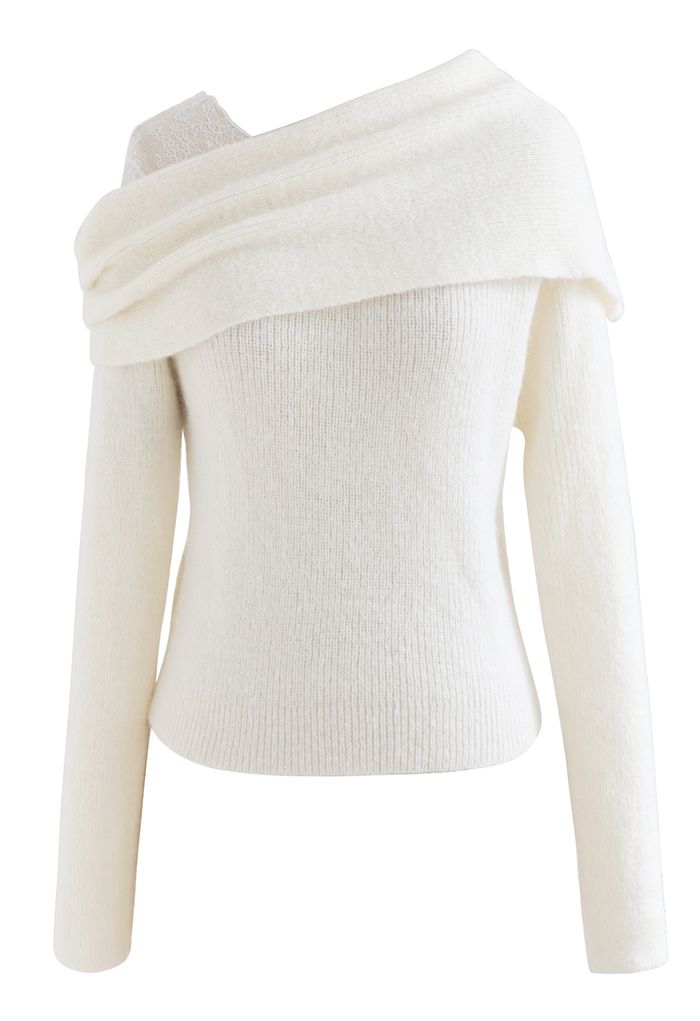 Suéter de encaje con un solo hombro en color marfil