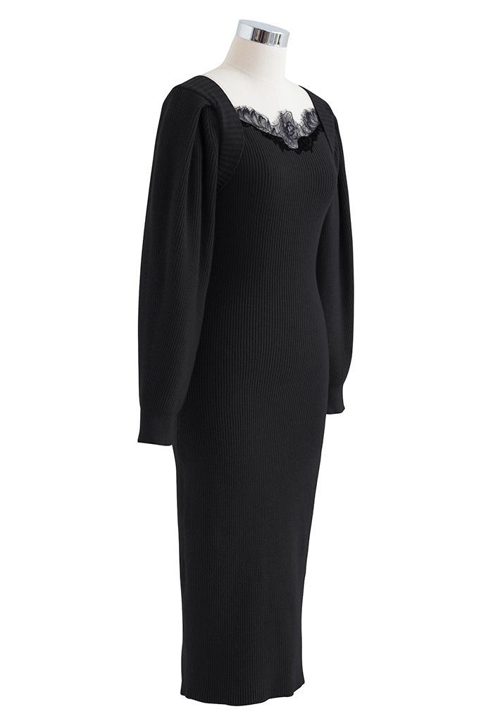 Vestido ajustado de punto con mangas abullonadas y ribete de encaje en negro