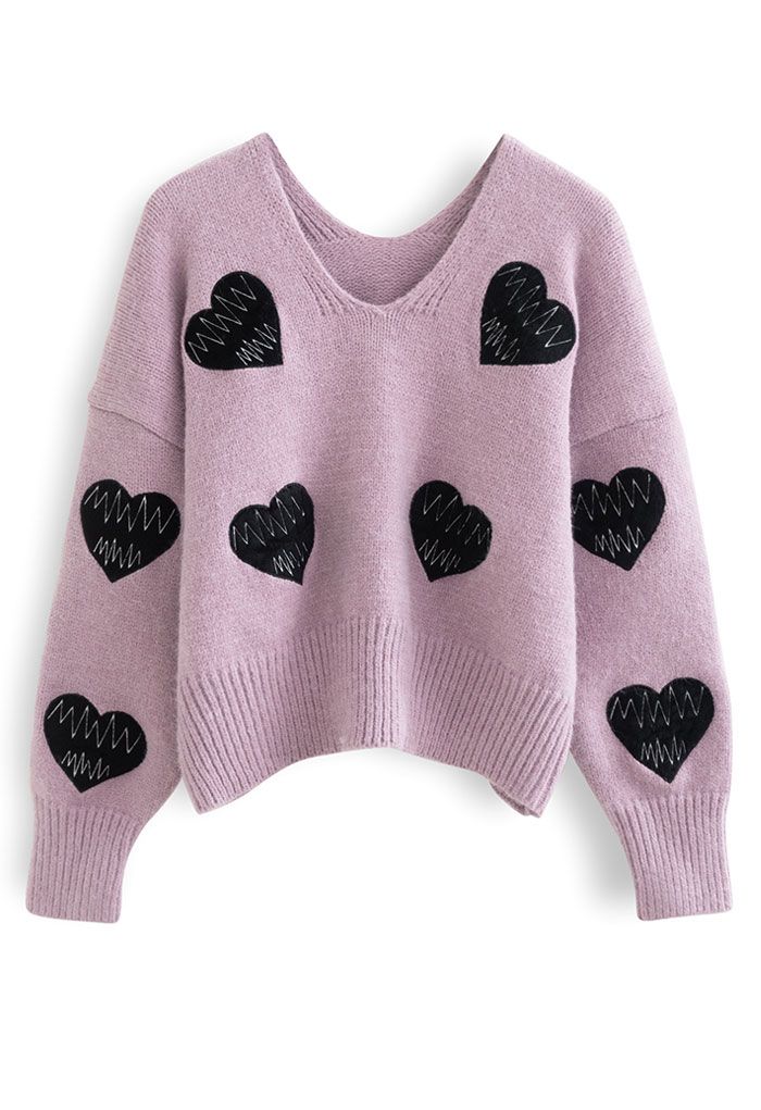 Suéter de punto con cuello de pico y parche de Heartbeat en lila