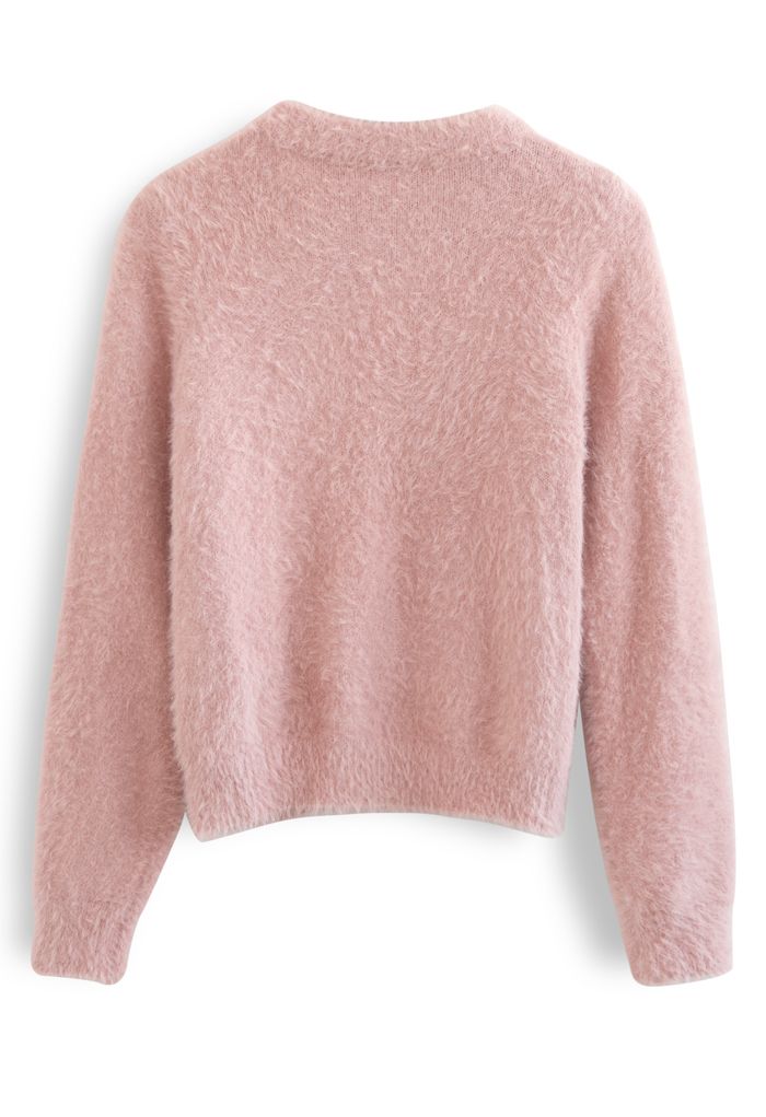Suéter de punto suave y difuso con parche de corazón nacarado en rosa