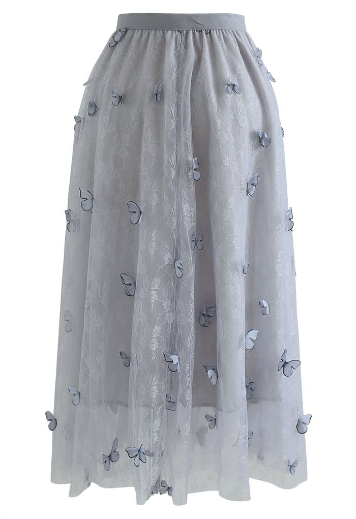 Falda de malla de encaje de mariposa 3D de doble capa en gris