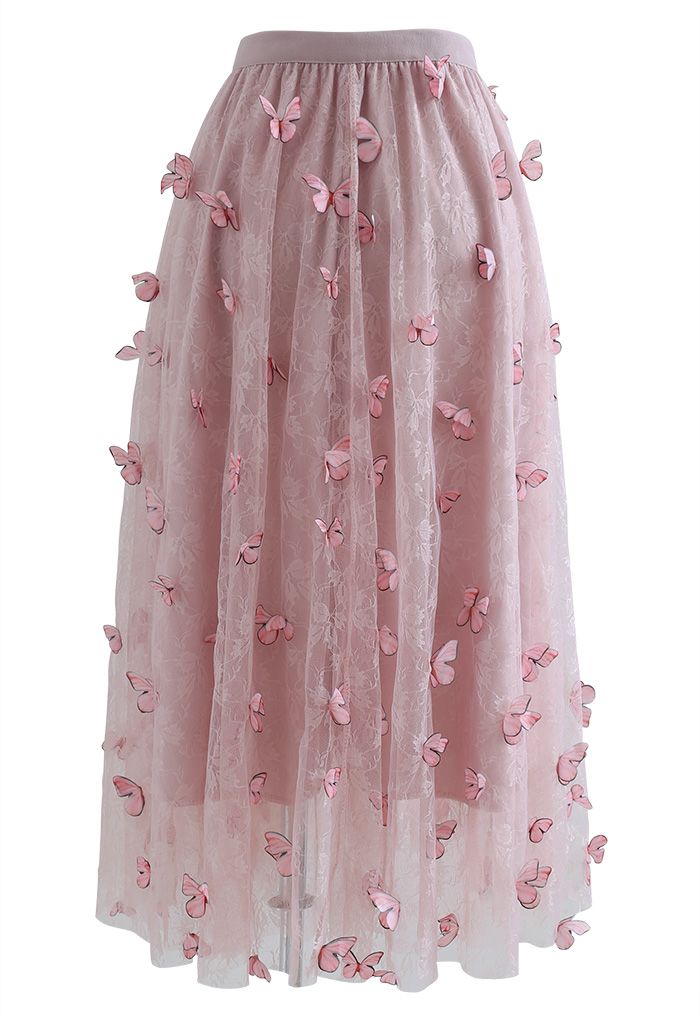 Falda de malla de encaje de mariposa 3D de doble capa en rosa