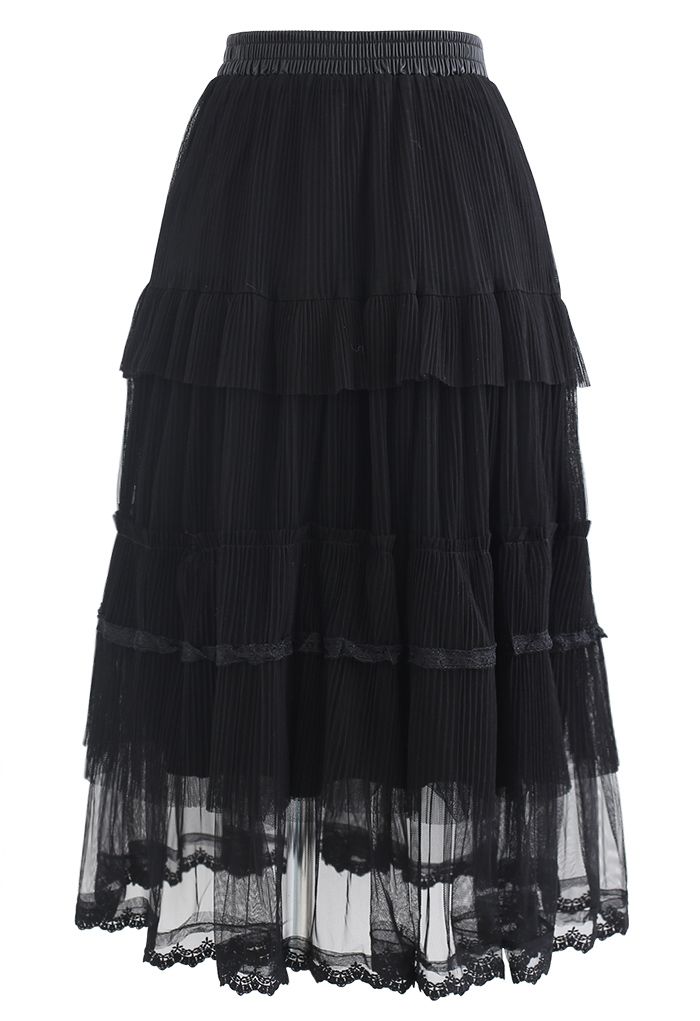 Falda midi plisada de doble capa en negro