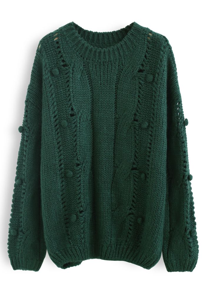 Suéter de punto grueso con ojales Pom-Pom en verde oscuro