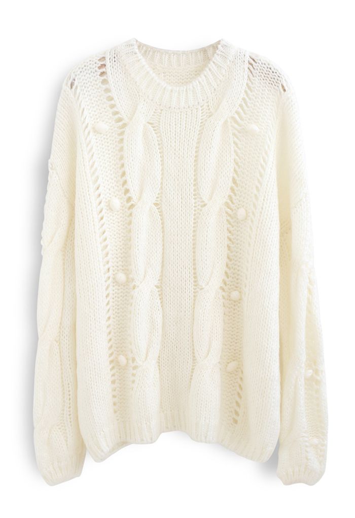 Suéter de punto grueso con ojales Pom-Pom en blanco