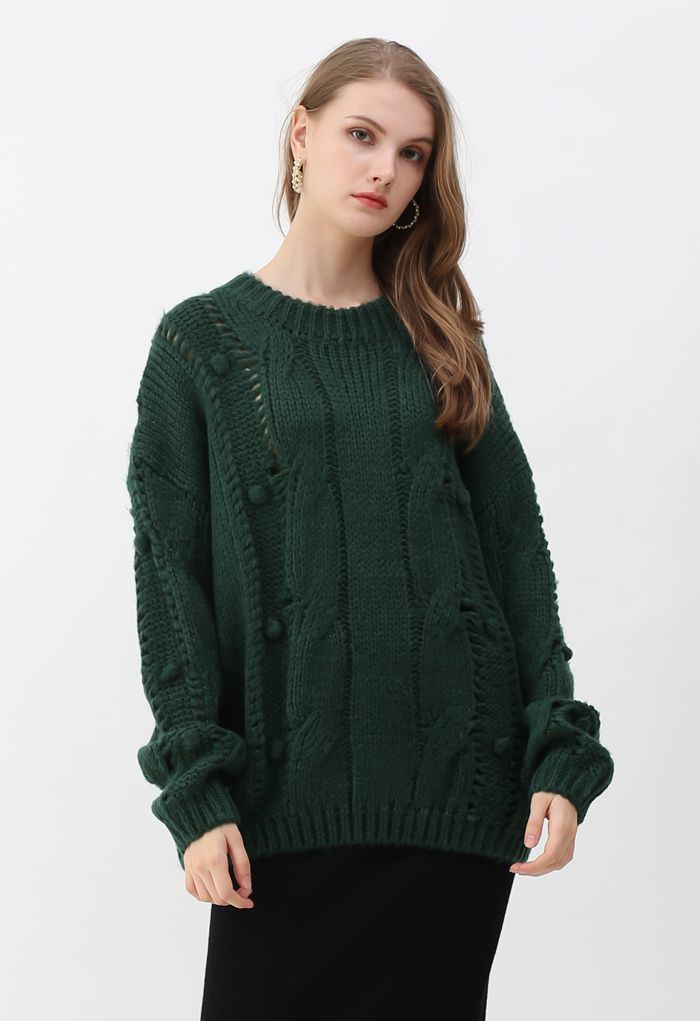 Suéter de punto grueso con ojales Pom-Pom en verde oscuro
