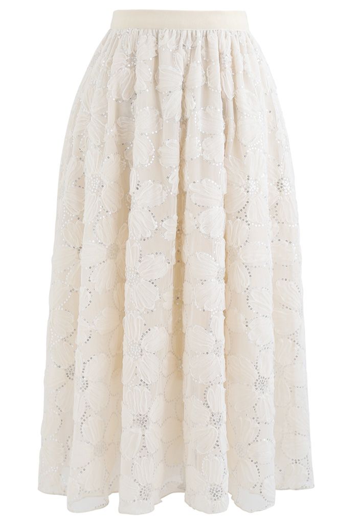 Falda de malla de doble capa con lentejuelas florales en crema