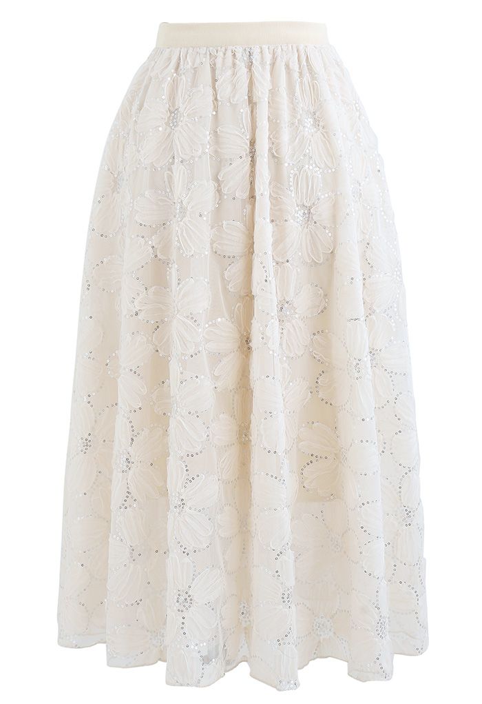 Falda de malla de doble capa con lentejuelas florales en crema