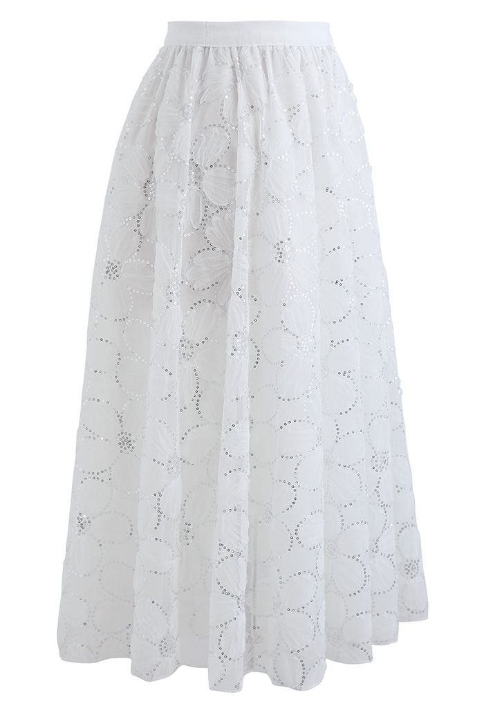 Falda de malla de doble capa con lentejuelas florales en blanco